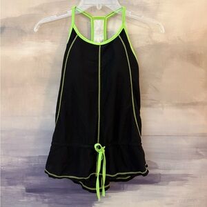 Athletic Performance Top Black and Neon Green Built in Sport Bra